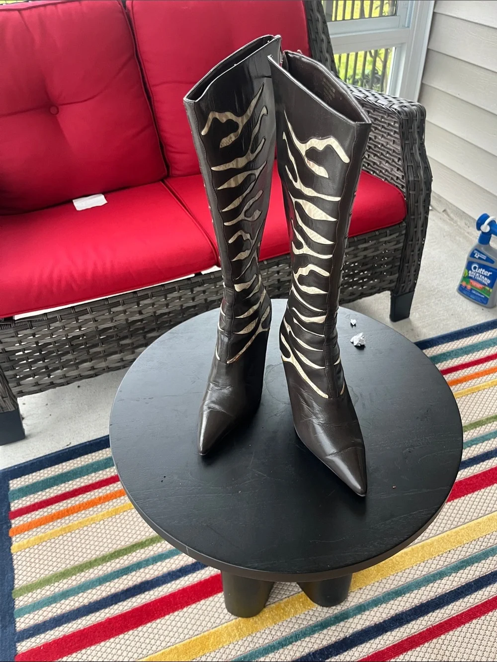 Colin Stuart Black Knee-High Pointed Toe Boots with Metallic Zebra Accent